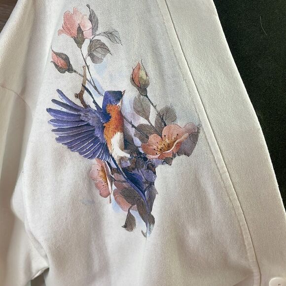 Ladies Button Up Cardigan Jacket, Size Large, White with Birds and Floral Design - Picture 4 of 12